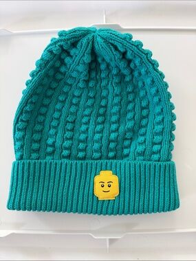 Lego Teal Knit Beanie with Yellow Lego Face Patch
